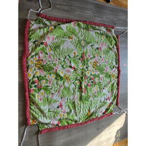 Pink Floral & Fern Patterned Rectangular Tablecloth Fringe Edges Butterflies